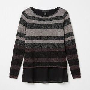 White House Black Market Metallic Striped Split Back Chiffon Layered Sweater XS